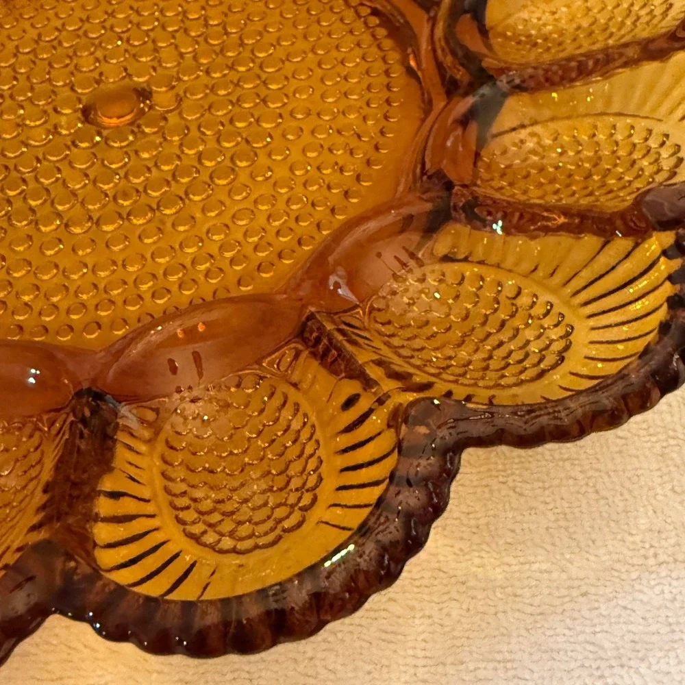 Vintage Amber Indiana Glass Deviled Egg Plate 15 Slot Rnd Hobnail Scalloped MCM
